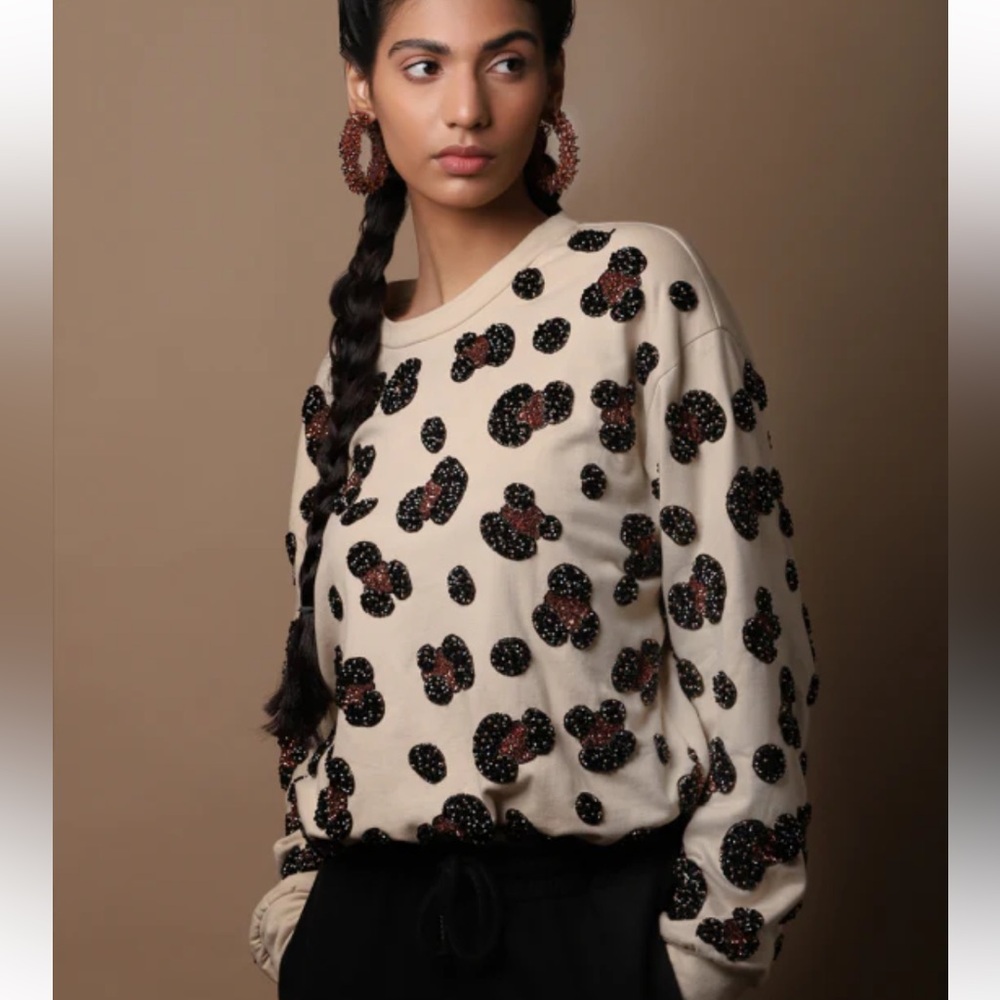 Olivia Dar Handcrafted Beaded Cheetah Print Crewneck Terry Sweatshirt